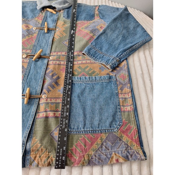 Vtg Denim Corduroy Collar Chore Barn Field Jacket Womens 26/28 Blue Aztec Tribal - Picture 3 of 14